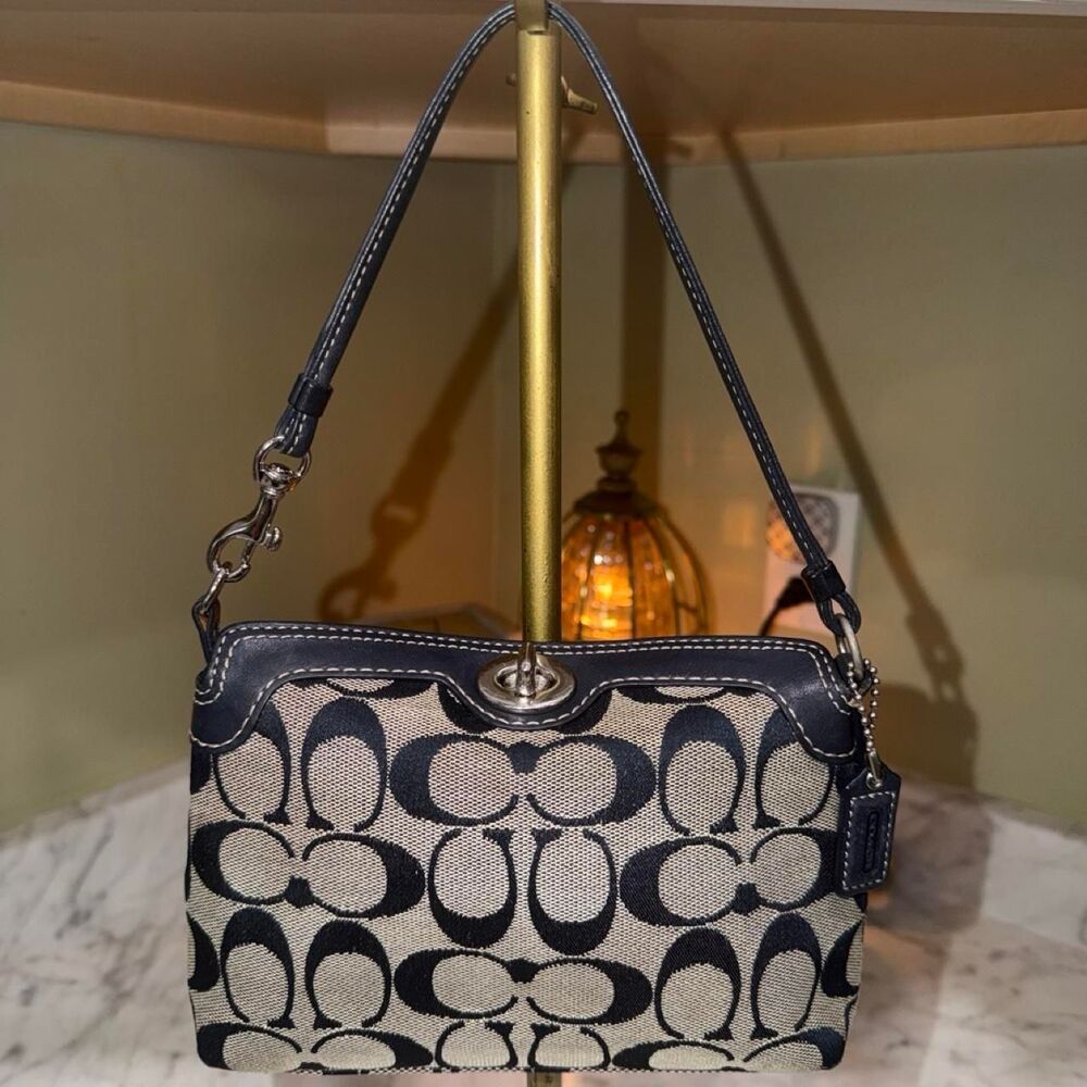 Vintage Y2K Coach Signature Jacquard Turnlock Mini Bag in navy blue